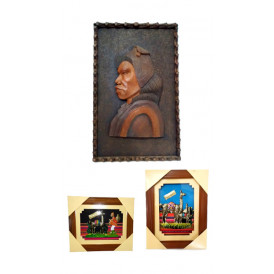 Various fabric and carved wooden pictures