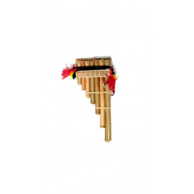 Small zampoña-panpipe with decorations of pompons of the flag of Bolivia